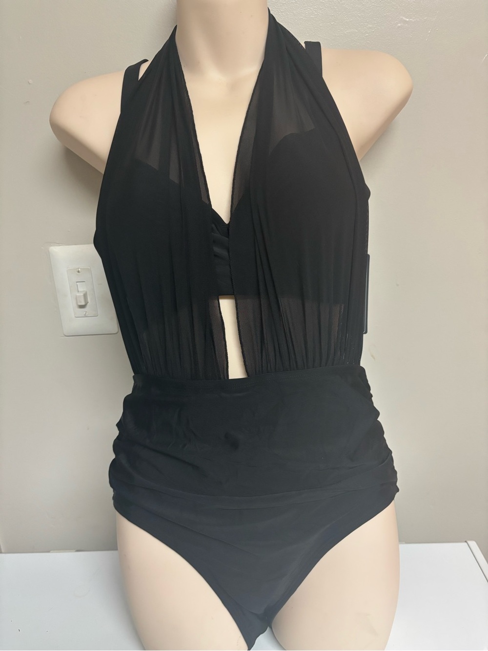 Sheer Plunge Black Halter Two Piece Swimsuit